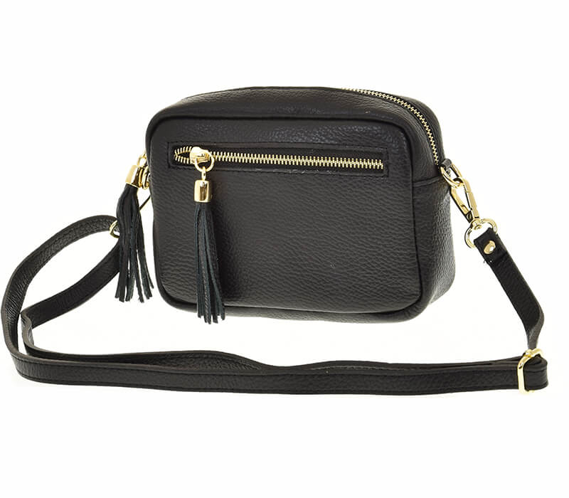 Czarna torebka crossbody z frędzlem skóra